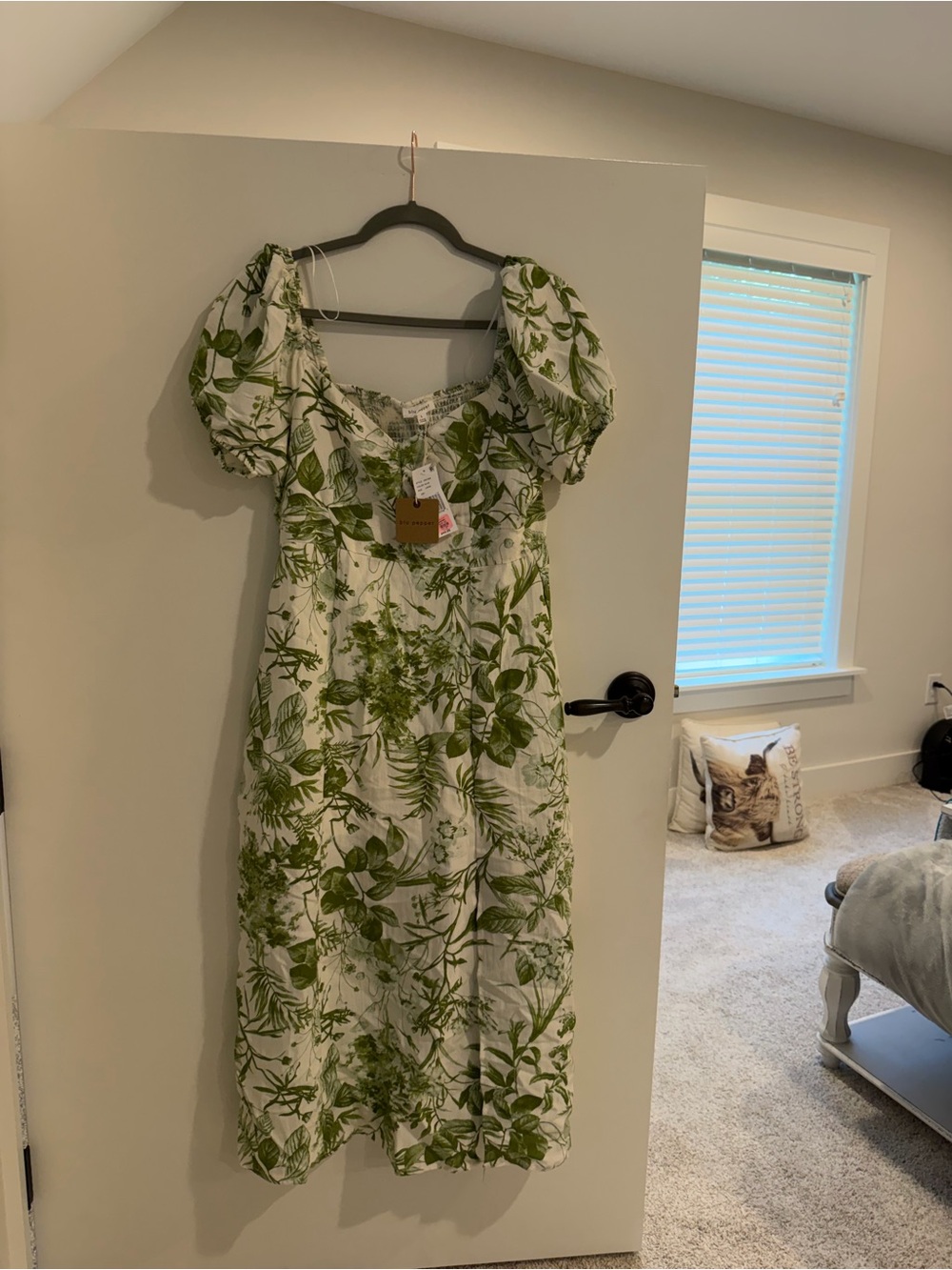 Blu Pepper Cream Midi Dress with Green Leaf Print and Puff Sleeves